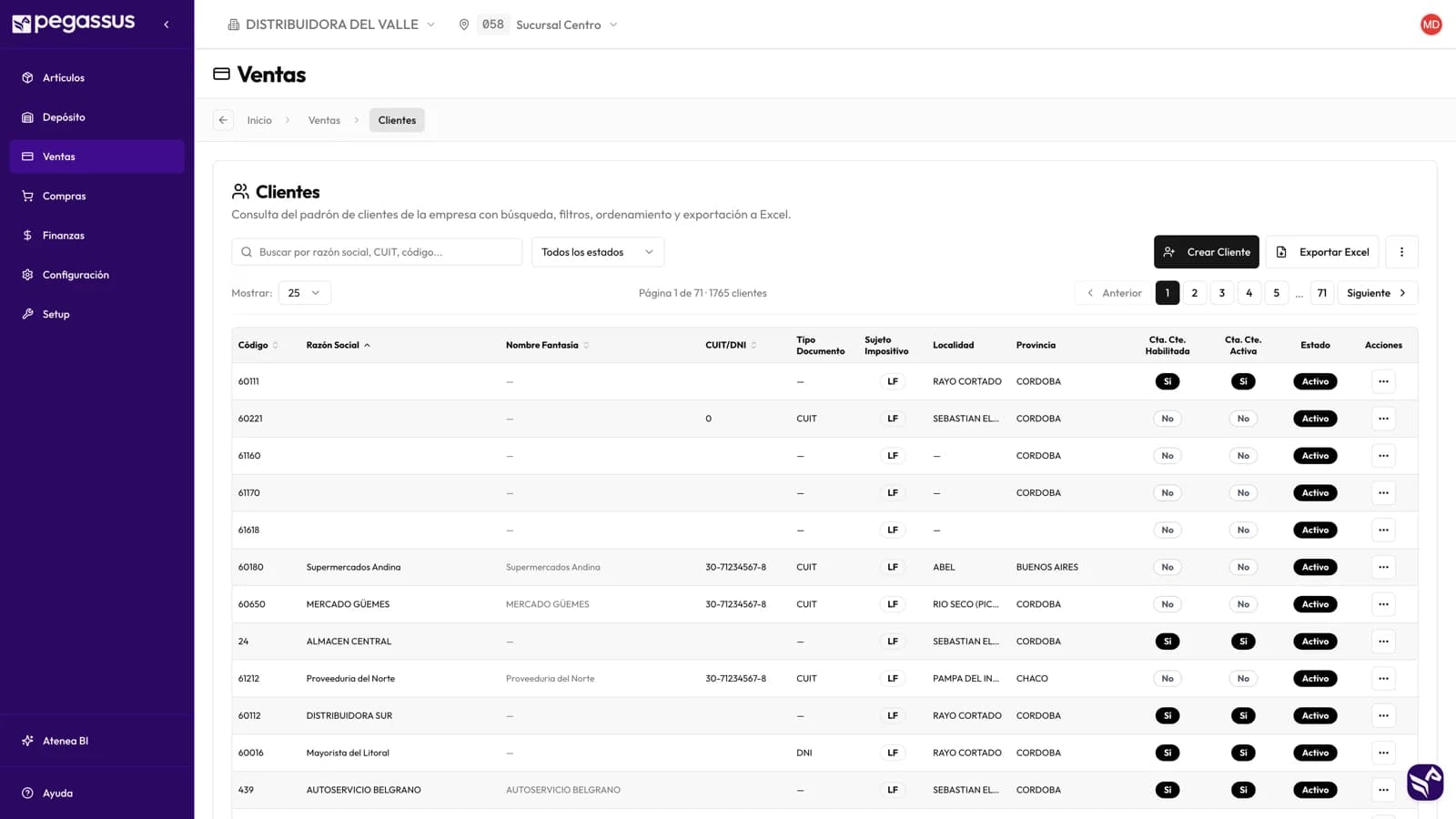 Padrón de clientes con búsqueda por razón social o CUIT, sujeto impositivo, localidad y estado de la cuenta corriente.