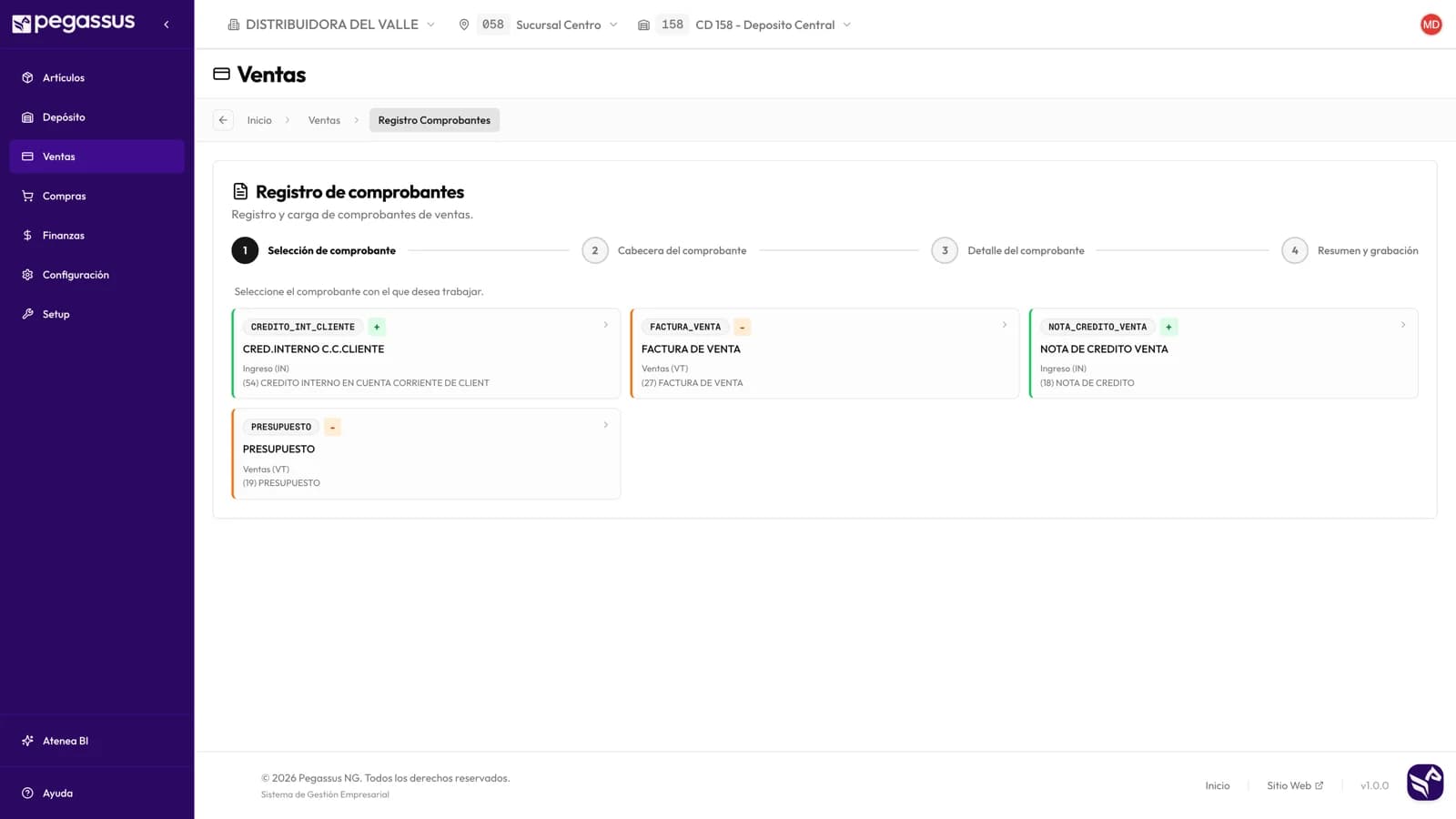 Primer paso del asistente de comprobantes, con los tipos disponibles: factura de venta, nota de crédito, crédito interno y presupuesto.