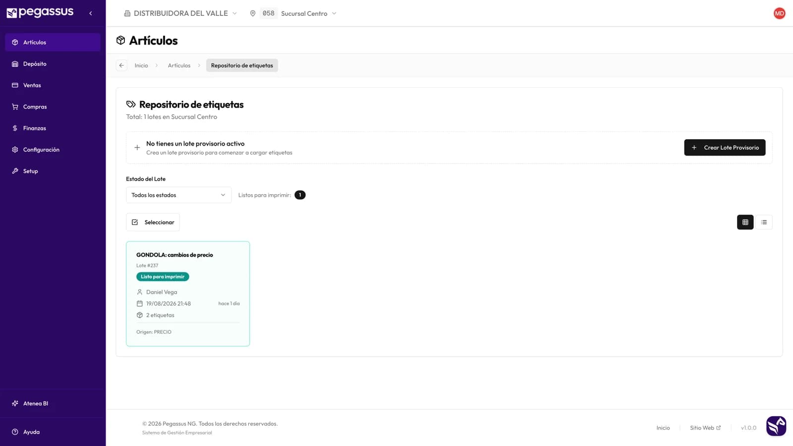Repositorio de lotes de etiquetas, con el estado de cada lote y los artículos que incluye.