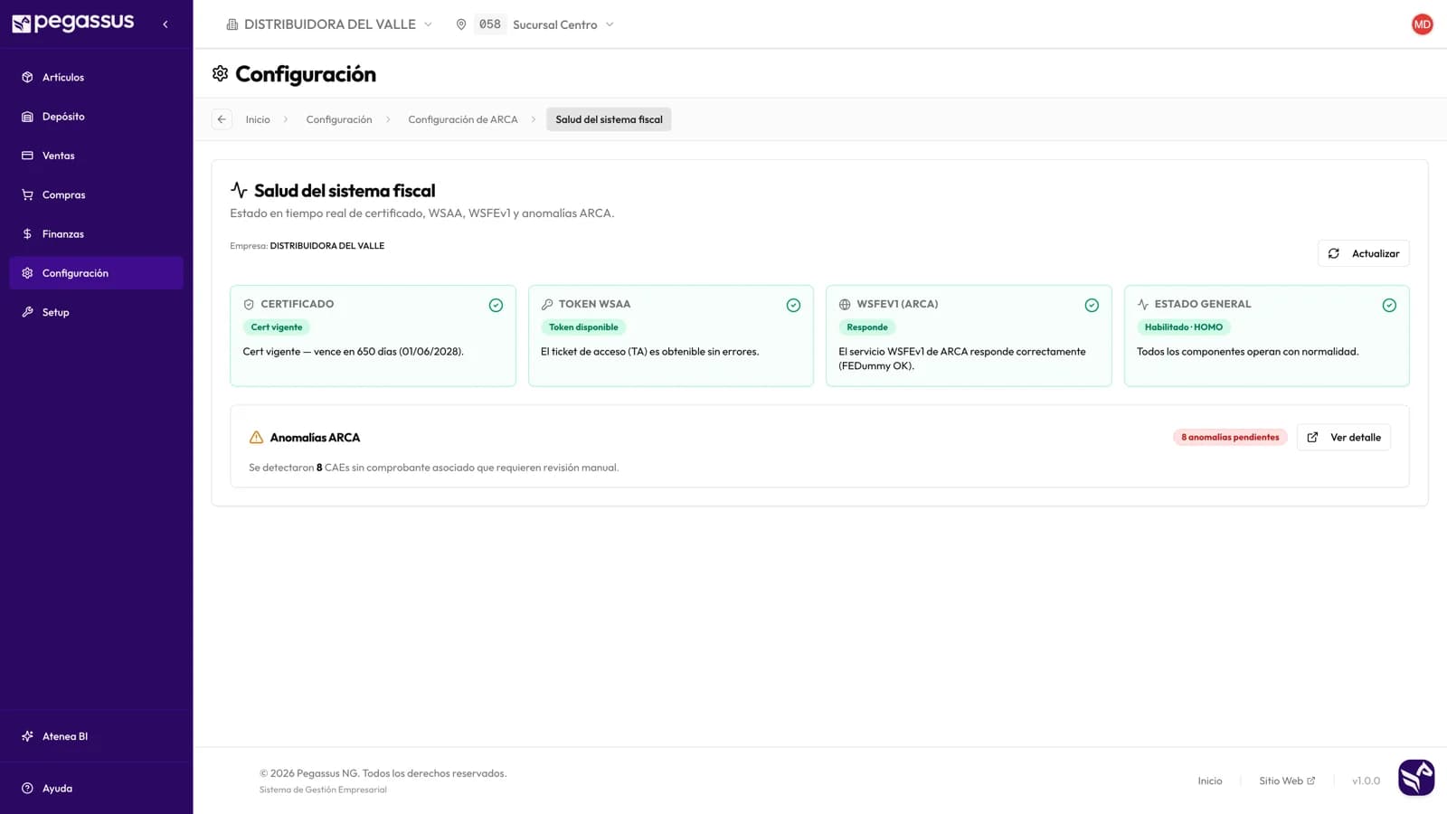 Tablero de salud fiscal de ARCA con los semáforos de certificado, token, conectividad y actividad, y el panel de anomalías pendientes.