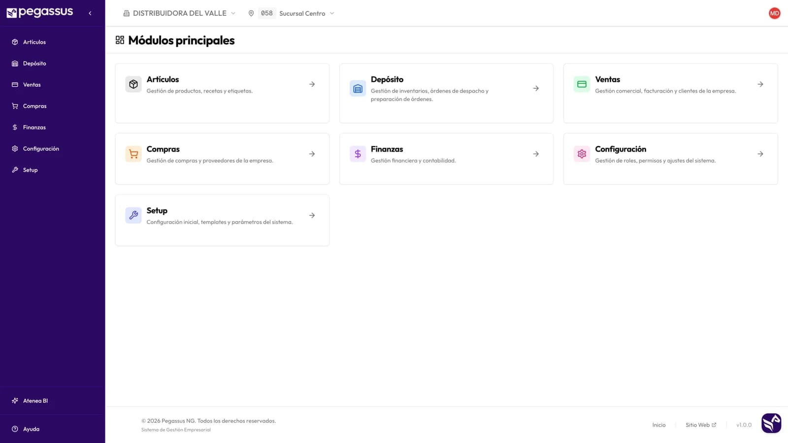 Pantalla de módulos principales, con el selector de empresa, sede y depósito en la barra superior.