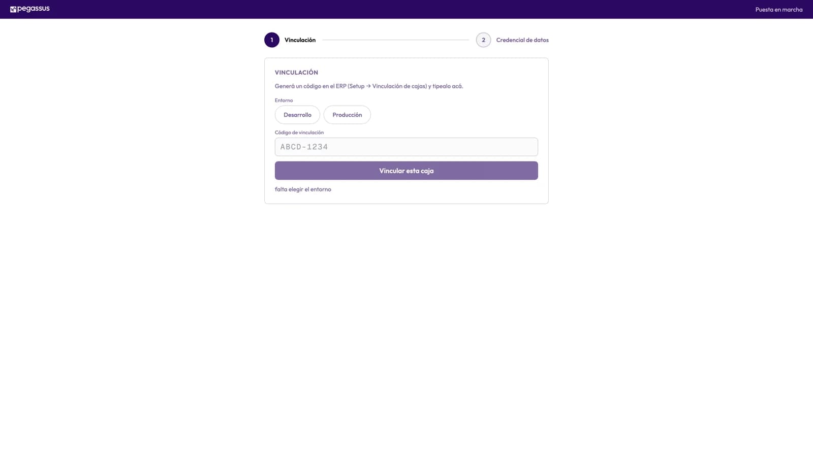 La pantalla de puesta en marcha de una caja nueva: se tipea el código de vinculación generado en el ERP y queda lista.