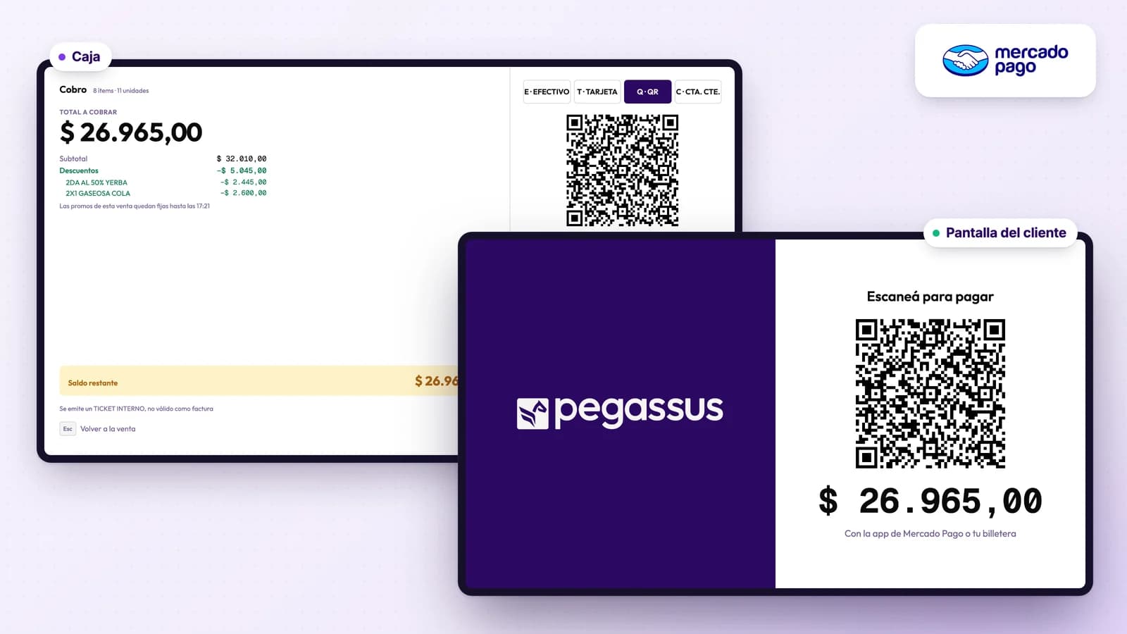 La caja y la pantalla del cliente en el mismo cobro: el cajero ve el total con los descuentos y el QR de Mercado Pago, y el cliente ve el QR para escanear y el importe a pagar.
