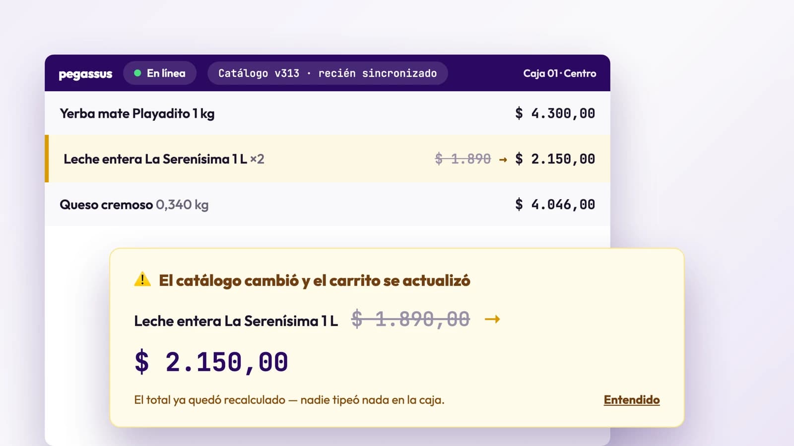 El aviso de la caja cuando cambió un precio: el artículo con su precio anterior tachado y el nuevo, y el carrito ya actualizado.