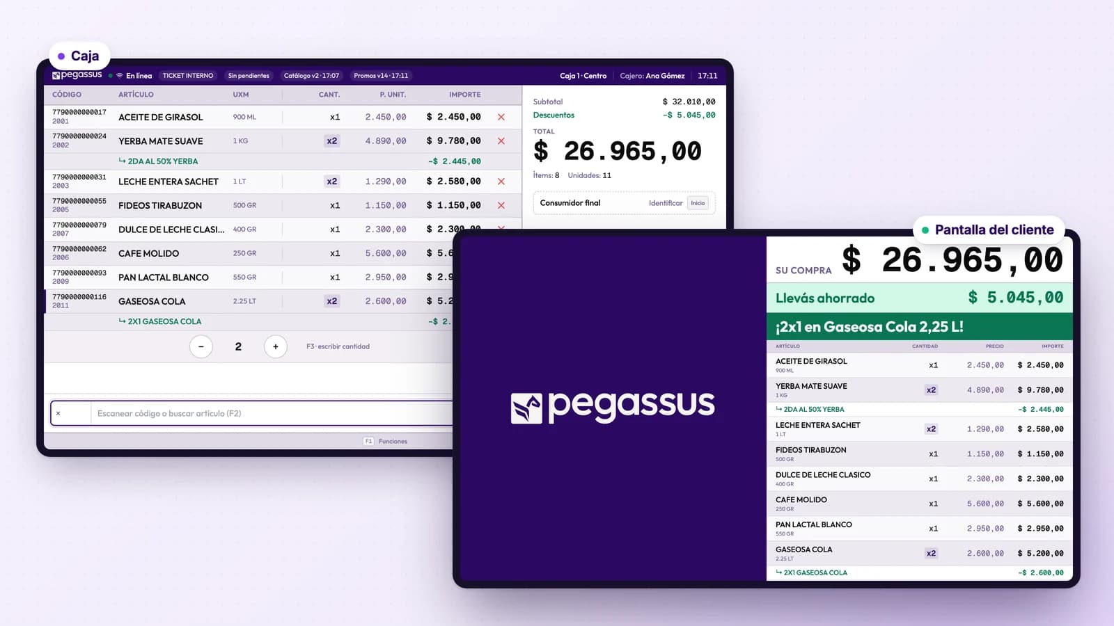 La caja y la pantalla del cliente con una venta en promo: la caja muestra el 2x1 y la segunda al 50 % debajo de cada artículo, y el cliente ve cuánto lleva ahorrado y la promo que acaba de entrar.