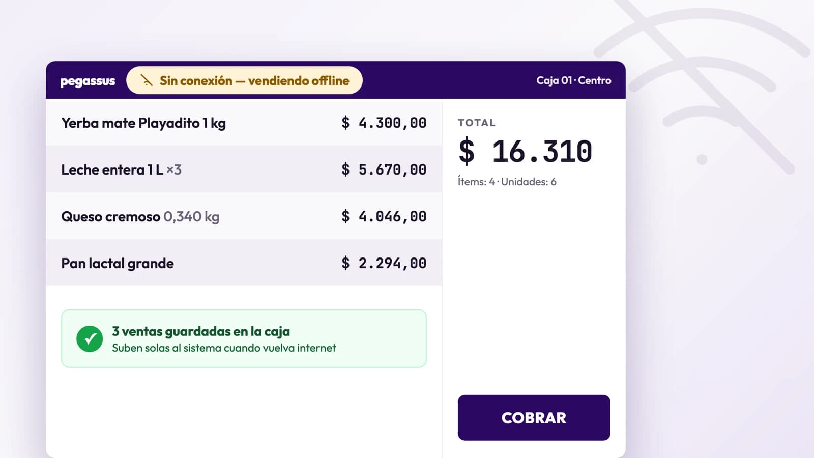 La caja vendiendo sin conexión: el aviso en la barra, el carrito cargado y tres ventas guardadas esperando que vuelva internet.