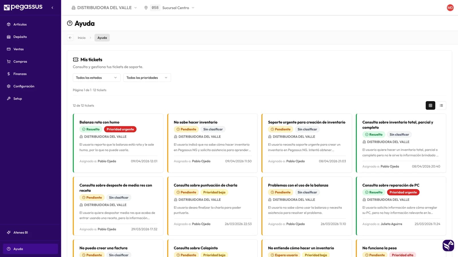 Tablero de tickets de soporte con su estado, prioridad y responsable.